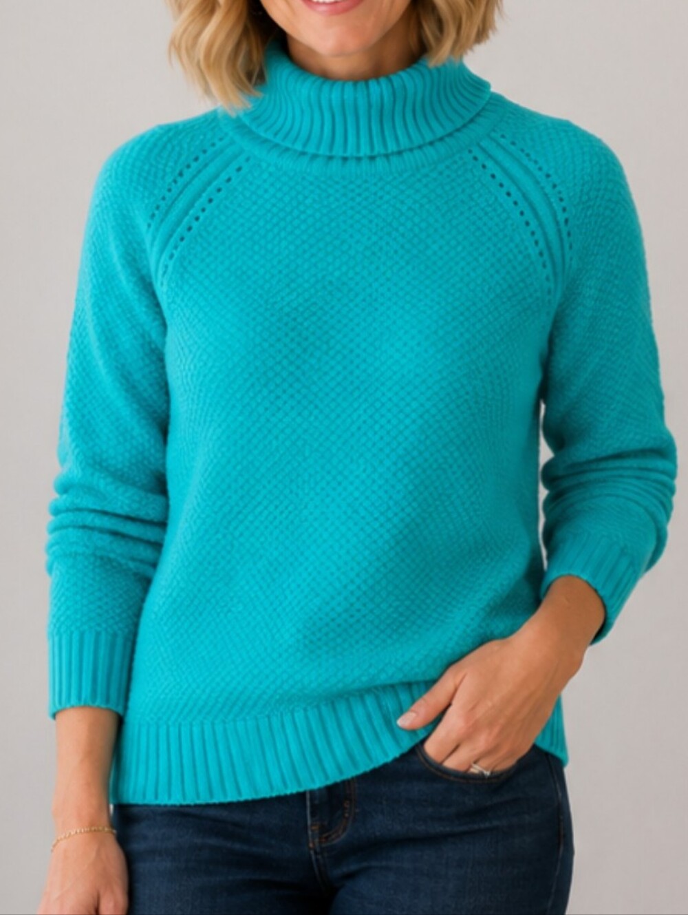 Talbots Lambs Wool Green Cable Knit Turtleneck Chunky Sweater Large Petite